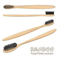 Bamboo toothbrushes. Carbon brush set, black bristles. Charcoal. Biodegradable material. vector