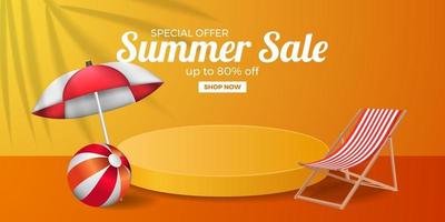 Summer sale offer banner with podium pedestal display with orange background vector