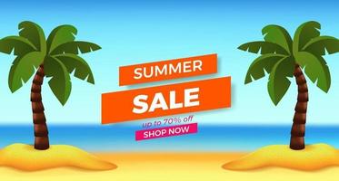 Oferta de venta de verano promoción de banner con ilustración de vista a la playa de arena con palmera de coco vector