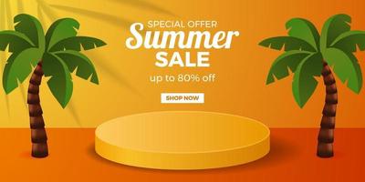 Summer sale offer banner with podium pedestal display with orange background vector