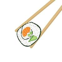 Palillos de madera y rollo de sushi en la ilustración de fondo blanco vector