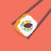 Wooden chopsticks and sushi roll on white background illustration