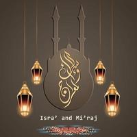 Illustration of isra and miraj the night journay of prophet muhammad with a golden color with a combination of circular ornaments Traditional greeting card vector