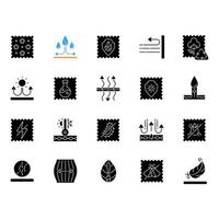 Different types of fabric feature black glyph icons set on white space vector