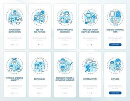 Self control blue onboarding mobile app page screen with concepts set vector