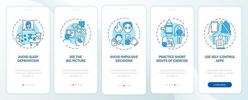 Self control boosting tips blue onboarding mobile app page screen with concepts vector