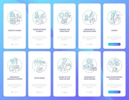 Hearing disabilities aspects onboarding mobile app page screen with concepts set vector