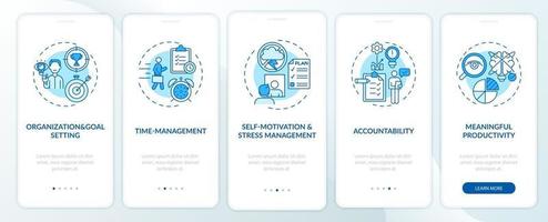 Self management skills blue onboarding mobile app page screen with concepts vector