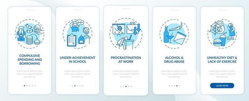 Major self control problems blue onboarding mobile app page screen with concepts vector