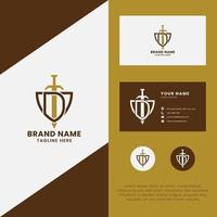 Letter D and Sword on Shield Logo with Business Card Template vector