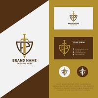 Letter P and Sword on Shield Logo with Business Card Template vector