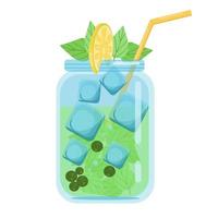 Soft drinks, fruit cocktails currants with mint, carbonated soft drink in a glass jar decorated with a slice of lemon, vector object in a flat style on a white background