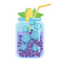Soft drinks, fruit cocktails with black currants, carbonated soft drink in a glass jar, vector object in flat style on a white background