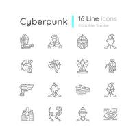 Cyberpunk linear icons set vector