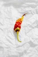 An amazing and beautiful macro of a red and yellow chilli or pepper on a white wrinkled paper or cloth photo