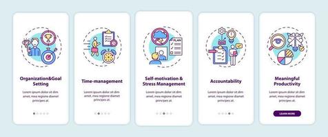 Self management skills onboarding mobile app page screen with concepts vector
