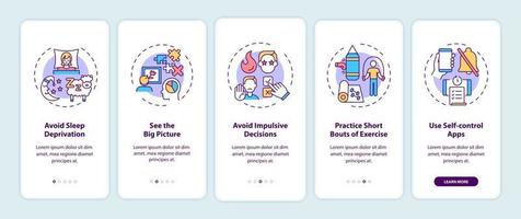 Self control boosting tips onboarding mobile app page screen with concepts vector