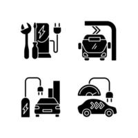 Electric vehicle charging black glyph icons set on white space vector