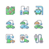 Electric vehicle charging RGB color icons set vector