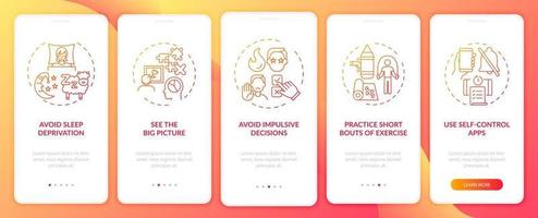 Self control boosting tips red onboarding mobile app page screen with concepts vector