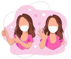 A girl with thumbs up and a girl greeting  in medical face masks vector