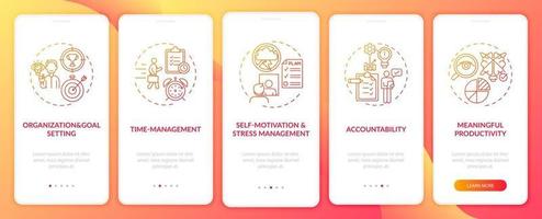 Self management skills red onboarding mobile app page screen with concepts vector