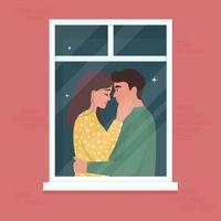 Portrait of a romantic couple in love in window vector