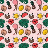 verano tropical de patrones sin fisuras en doodle estilo simple con frutas, helado, sol y hojas