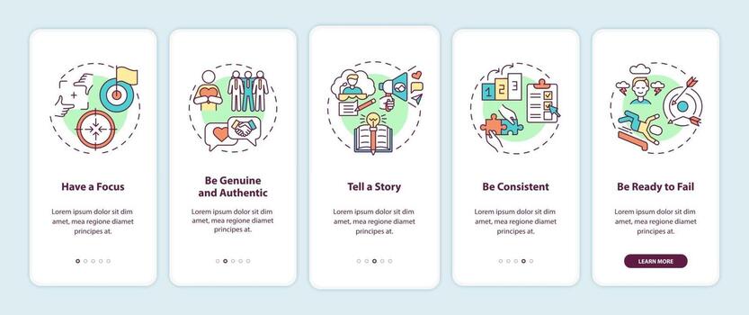 Personal branding rules onboarding mobile app page screen with concepts vector