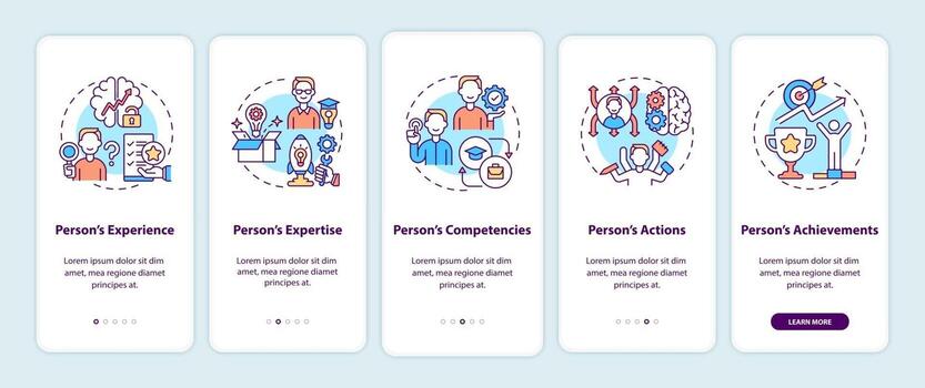 Personal brand components onboarding mobile app page screen with concepts vector