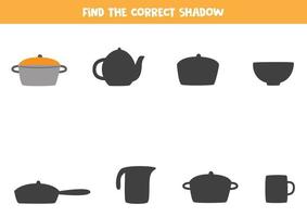 Find the correct shadow of saucepan Logical puzzle for kids vector