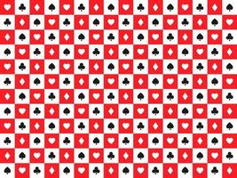 Fondo de póquer de vector abstracto sin fisuras con naipes signos símbolos blancos y negros en cuadrados blancos y rojos símbolos de casino