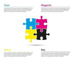 Plantilla de infografía minimalista con cuatro piezas de rompecabezas en colores CMYK para la ilustración de vector de su proyecto empresarial