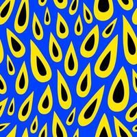 Seamless pattern with yellow-black drops on a blue background. Abstract pattern with drops of various shapes. Vector flat illustration