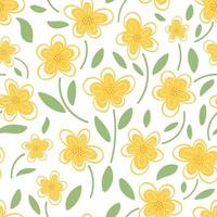 Yellow daisies on a white background are a seamless pattern. Vector illustration in the style of doodle. Design for textiles, postcards, packaging.Botanical pattern.