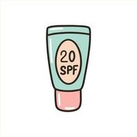 Sunscreen in a tube. Packaging of sunscreen. Suntan product with SPF 20. Vector illustration in doodle style