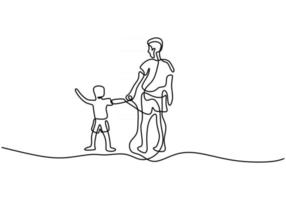 Father walking together with his son continuous one line drawing vector