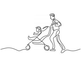 Dibujo continuo de una sola línea del joven padre feliz empujando carrito de bebé aislado sobre fondo blanco. vector