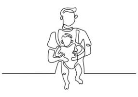 One continuous line drawing of young dad carrying his child vector