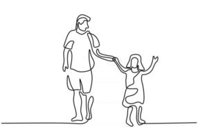 Continuous single line drawing of young daddy holding his daughter and walking together at the street vector