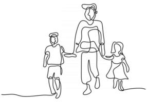 Continuous one line drawing of father and his two children of son and daughter vector