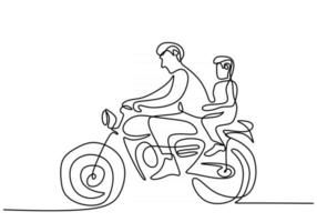 Dibujo de línea continua del joven padre en una motocicleta con su pequeño hijo aislado sobre fondo blanco. vector