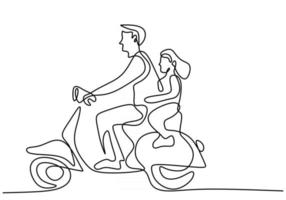 Un dibujo de línea continua de un papá con su hija en motocicleta. vector