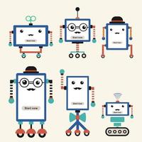 Set of cute hipster vintage robots isolated on white background