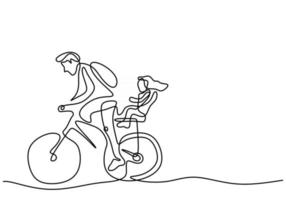 Continuous single line drawing young father and his daughter riding bicycle at public park hand drawn line art minimalist design vector