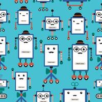 Vector seamless pattern hand drawn background with cute robot hipster isolated on blue background