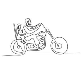 Continuous line drawing of young father riding a motorcycle with his little son isolated on white background vector