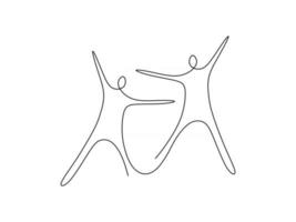 Continuous line of two abstract happy people jumping vector