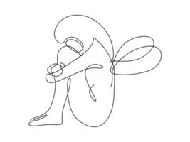 Continuous line of woman little fairy Single line of woman fairy sitting and crying One line of sad fairy isolated on white background vector