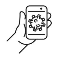 Hand holding smartphone with Covid 19 virus line style icon vector design